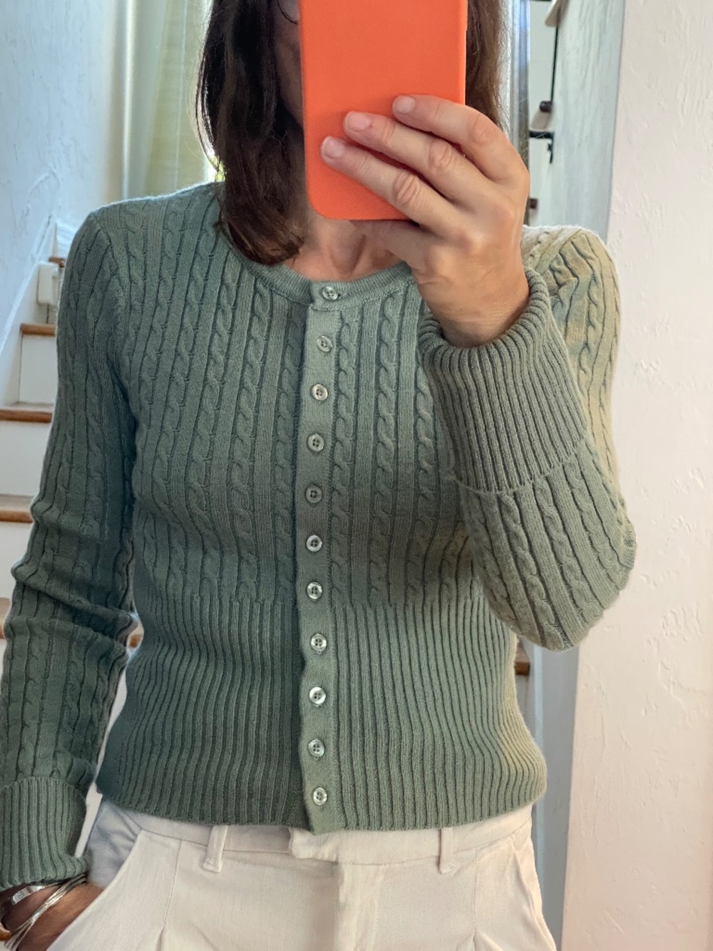 Sincerely Jules sage green cropped cable knit cardigan women M